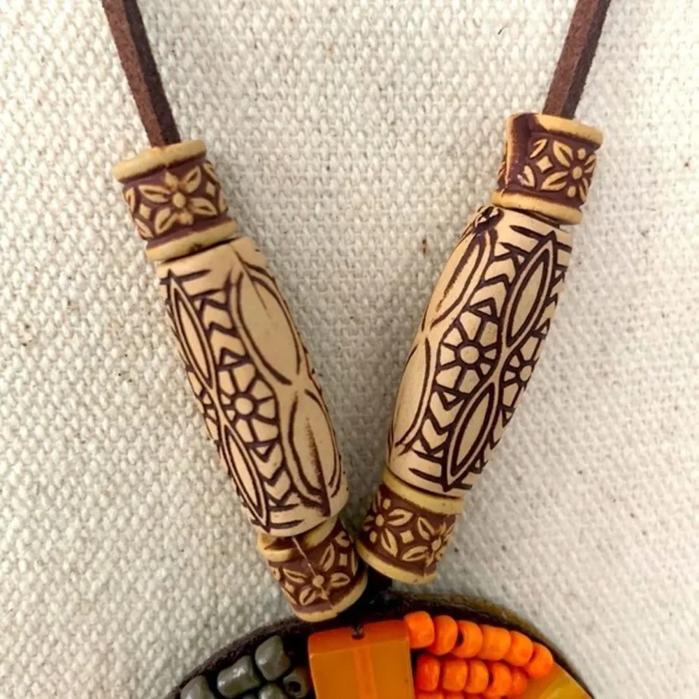 Boho Beaded Medallion Necklace Earthy Western Style